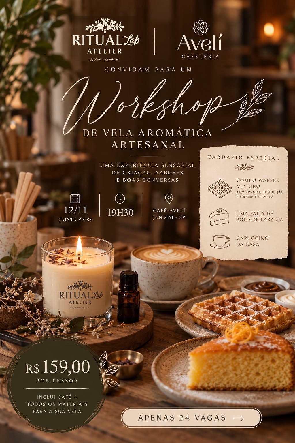 Cartaz do Workshop de Vela Aromática Artesanal da Ritual Lab Atelier com o Café Avelí: vela acesa, capuccino, waffle e bolo de laranja sobre mesa de madeira. 12/11, 19h30, R$ 159 por pessoa, 24 vagas.